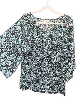 DANA BUCHMAN keyhole flowy business casual Blouse L Black Teal Spotted